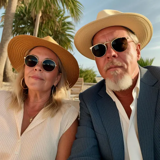 Prompt: <mymodel>A man and a woman, well suited, approx 50 tear old, sitting in a sunny florida, very happy, she is wearing retro glasses and he is wearing a sun hat, soft glow background