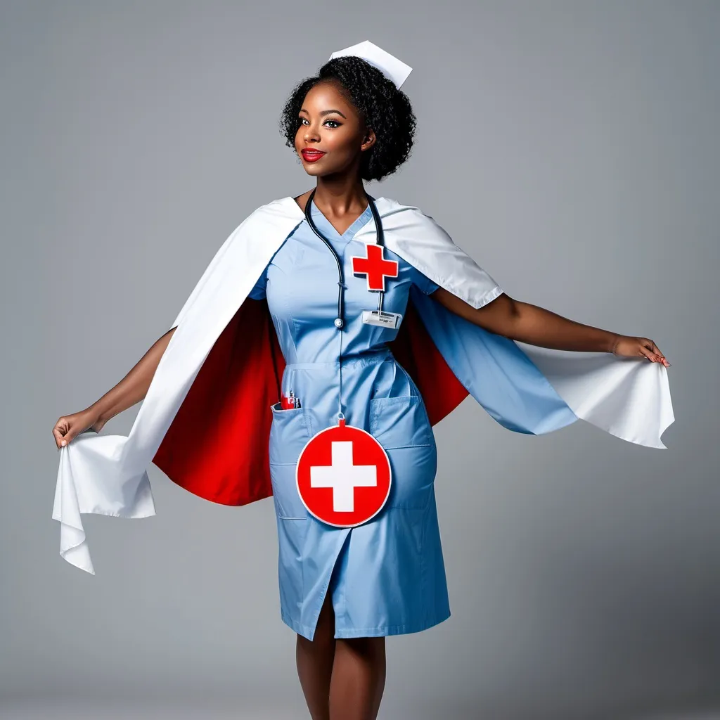 Prompt: Black nurse with nursing scrubs with a cape on her back swaying with a redcross sign on the back she needs to look like a super hero