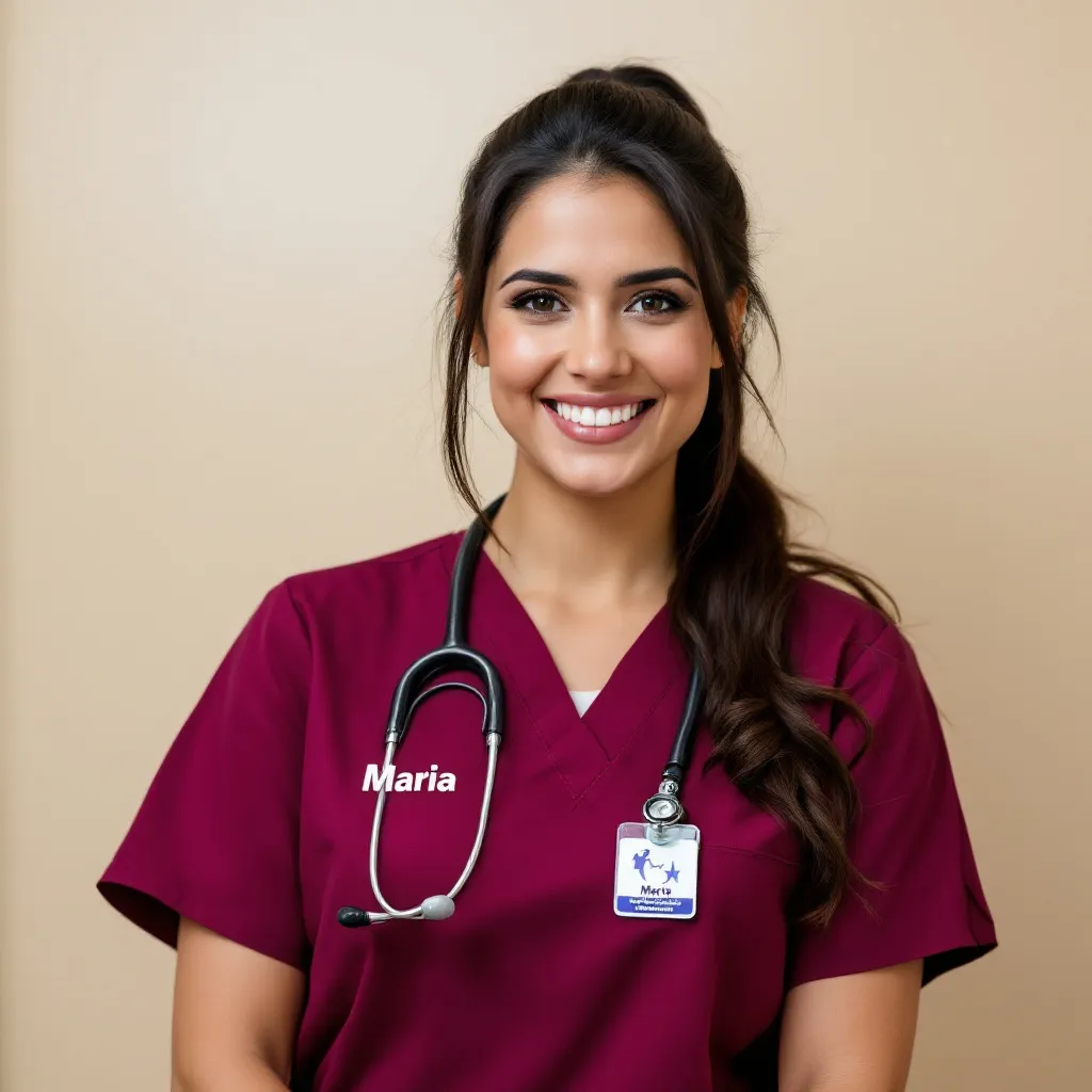 Prompt: Latina nurse with long hair  with burgundy scrubs nurse uniform with stethoscope 