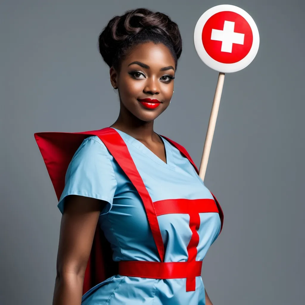 Prompt: Black nurse with nursing scrubs with a cape on her back swaying with a redcross sign on the back she needs to look like a super hero