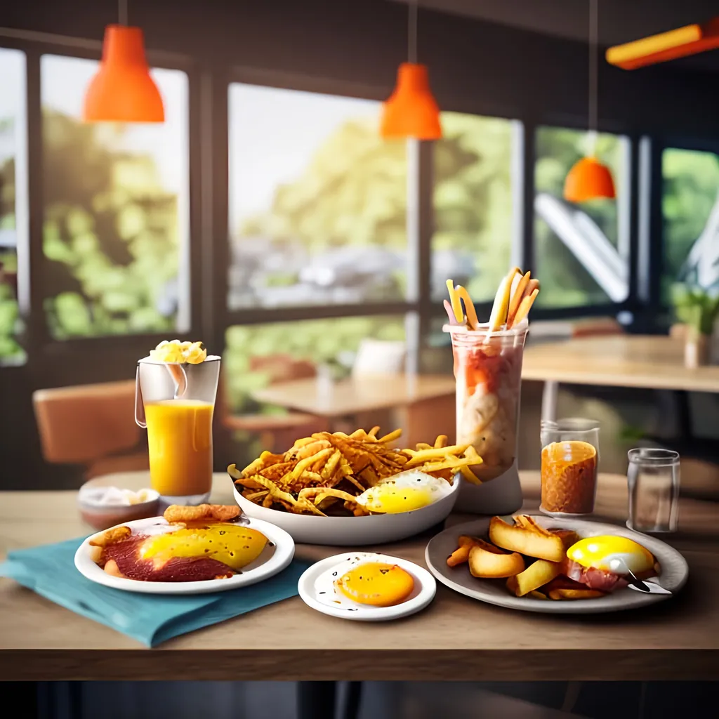 Prompt: Realistic digital painting of a mouth-watering breakfast scene with crispy french fries, golden-brown hash browns, sizzling bacon, fluffy scrambled eggs, fresh orange juice, warm natural lighting, high quality, ads-real estate style, savory aroma, delectable details, realistic texture, inviting presentation, sunny side up egg, appetizing food styling, savory visual appeal, appetizing composition, inviting atmosphere, realistic digital painting, commercial-grade, warm and cozy ambiance, mouth-watering breakfast, savory satisfaction, fresh ingredients, appealing food presentation, sumptuous color palette