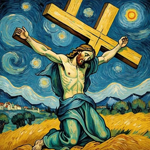 Prompt: Jesus falling with his cross in Van Gogh style
