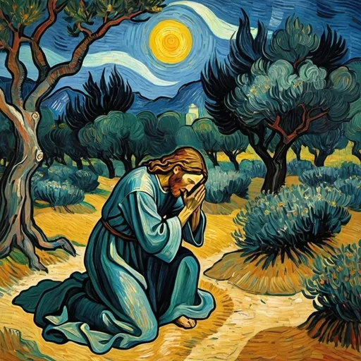 Prompt: Jesus suffers in the garden of gethsemane in Van Gogh  style
