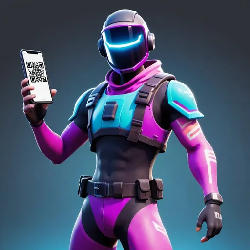 Prompt: using this rgb(227,49,125)

    Character: A Fortnite character in a dynamic, action-oriented pose.
    Pose: The character should be pointing towards the viewer with one hand.
    Other Hand: In the other hand, the character is holding a QR code.
    Outfit: The character is wearing futuristic, colorful armor typical of Fortnite's distinctive aesthetic.
    Background: transparent or dark background
    QR Code: The QR code should be clearly visible and positioned in a way that it can be easily scanned.




