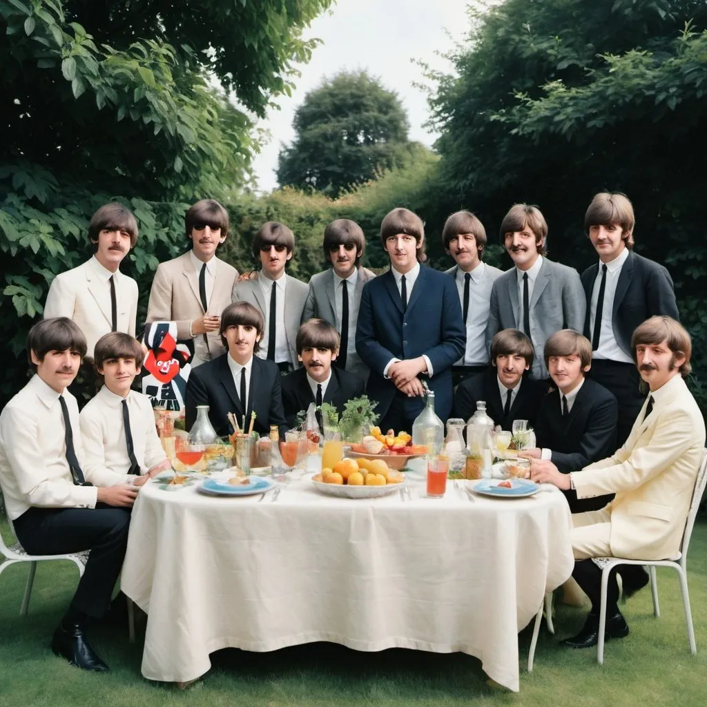 Prompt: A garden party of a boy who's a fan of the beatles