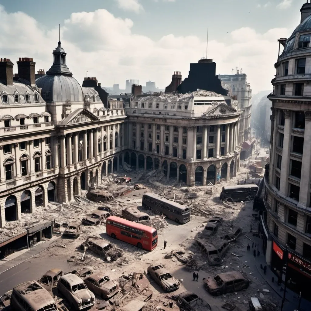 Prompt: London Piccadilly Circus totally destroyed and flattened after being bombed, buildings have crumbled. Dystopian future.