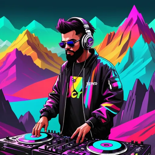 Prompt: "DJ ZERO" highlighted in a colourful Sinery mountains background