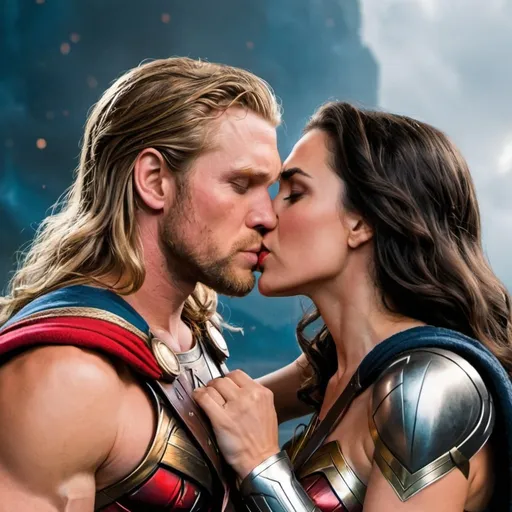 Prompt: Wonder woman kissing thor