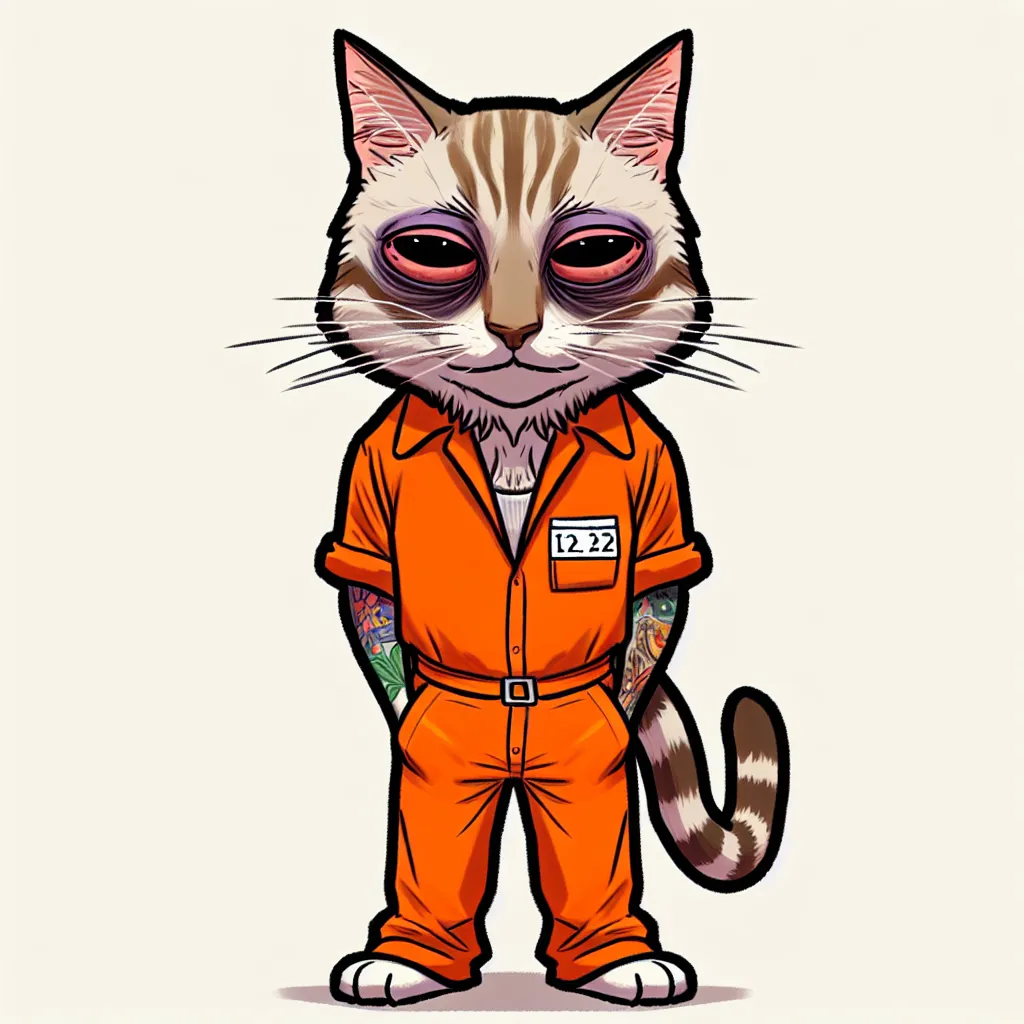 Prompt: <mymodel> I would like the image of a human like cat standing on 2 legs wearing an Orange California state department of correction inmate jumpsuit i want the cat to look deranged inebriated or having mental difficulties i want the image to have a funny tone to it and also look cute but also show the Grimm Nature that the cat is living in