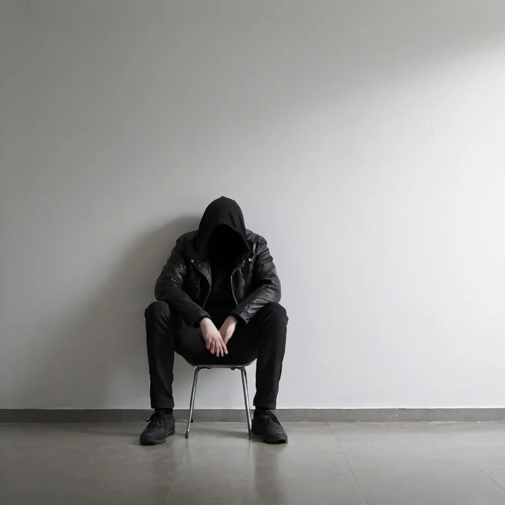 Prompt: Person with no face sitting against wall wearing black jacket  about to comit suicide