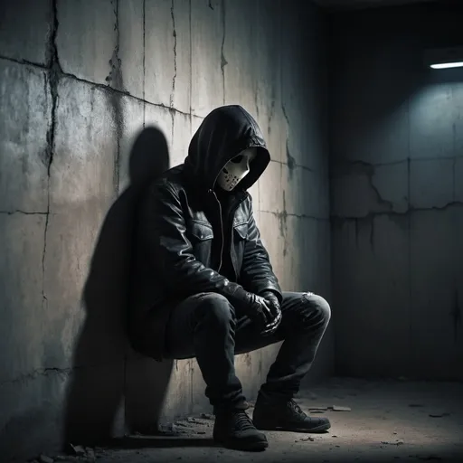 Prompt: Person with no face sitting against wall wearing black jacket with gun to his own head