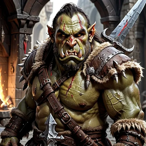 Prompt: Hyper-realistic orc wielding a massive, adorned greatsword and wearing furs with many battle scars. Dnd.