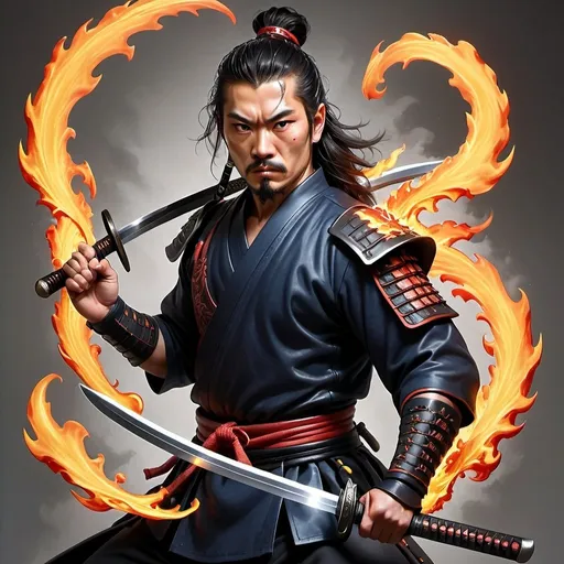 Prompt: hyper-realistic swordsman with two katanas and flaming swords