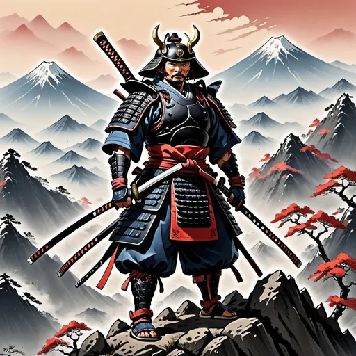 Prompt: Samurai standing on top of a mountain in traditional samurai armor,without a helmet, wielding a large katana in each hand and a halberd strung across his back.