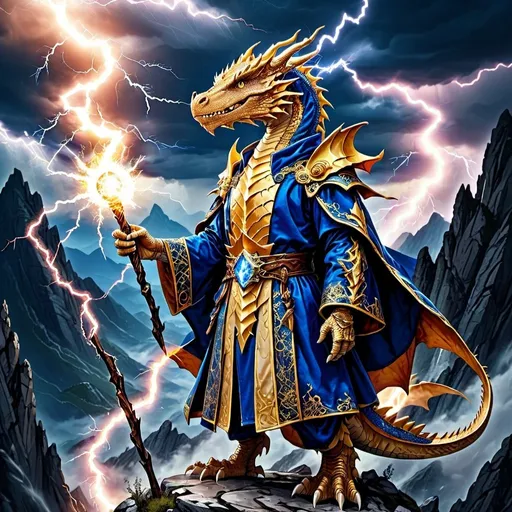 Prompt: A dragon born sorcerer with ornate clothes holding a staff with a ball of lightning at the end, standing at the top of a mountain as lightning strikes around him