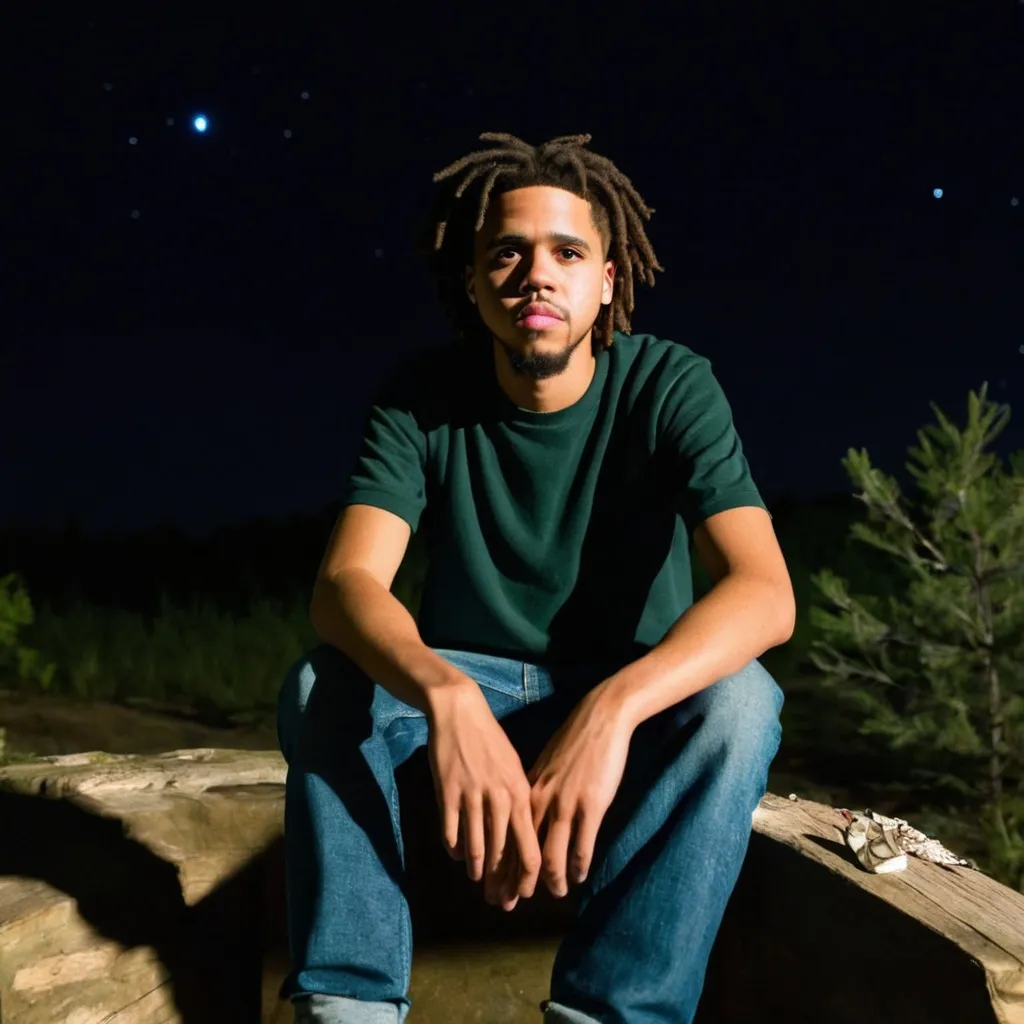 Prompt: J. cole sitting the wilderness at night