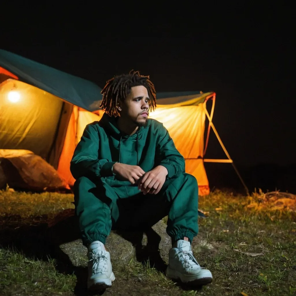 Prompt: J. cole sitting the wilderness at night