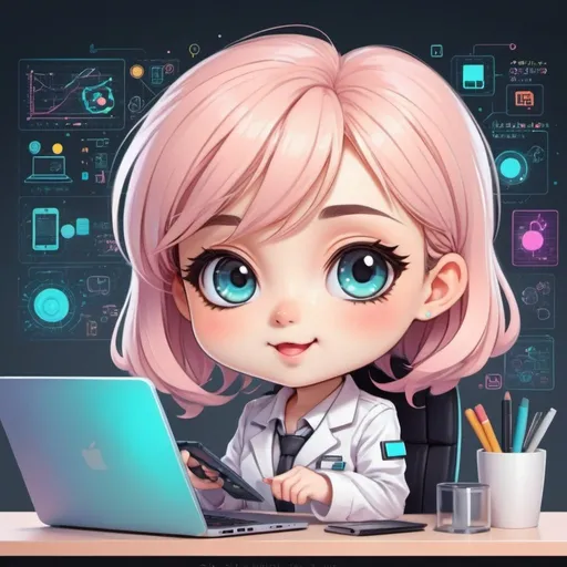 Prompt: Chibi art of an aspiring female data scientist, cute and energetic pose, pastel color palette, modern tech gadgets, cheerful expression, detailed eyes, vibrant and lively atmosphere, best quality, highres, adorable, chibi art, pastel colors, modern tech, detailed eyes, cheerful, energetic, vibrant