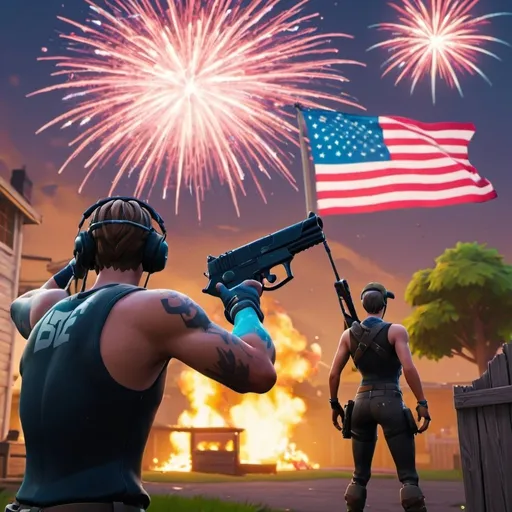 Prompt: Playing Fortnite on the 4th of July.