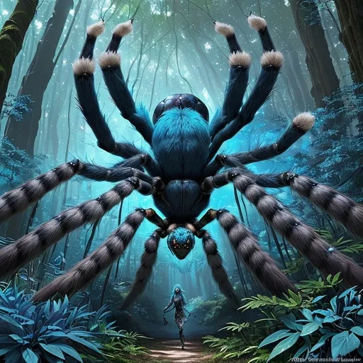 Prompt: sky blue spider, high details, dynamic angle, fantasy art, rpg art, dnd art, full body, forest background, focus on spider, tarantula, sky blue fur, 