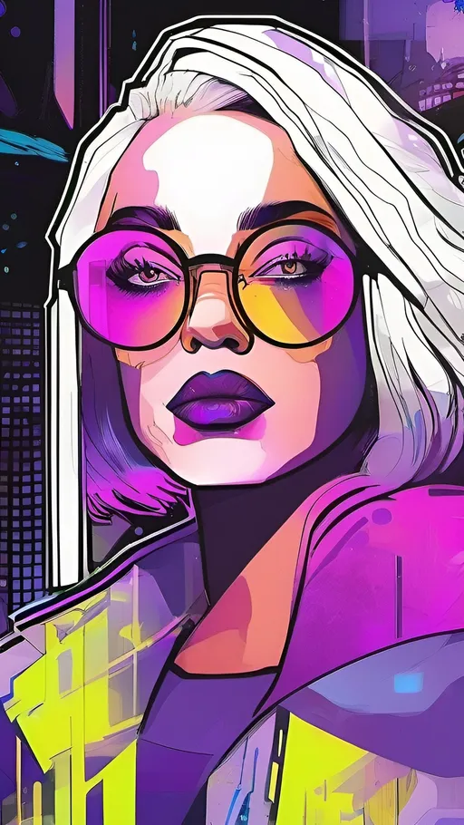 Prompt: High-quality digital illustration of a beautiful woman, large round glasses, white and purple hair, direct eye contact, futuristic cyberpunk style, vibrant neon lighting, detailed facial features, professional artwork, cyberpunk, futuristic, vibrant colors, detailed hair, digital art, highres, ultra-detailed, cyberpunk style, futuristic, direct gaze, white and purple hair, round glasses, professional, vibrant neon lighting