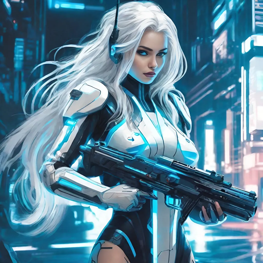 Prompt: a woman with long white hair in a futuristic tron suit holding a gun in her hand, looking at the camera, cyberpunk art, neo-figurative, anime, blue and white tones