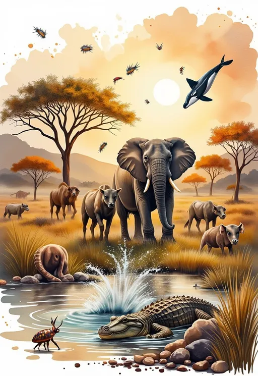 Prompt: In a vibrant African savanna, a striking scene unfolds with an array of wildlife coming together. The honey badger stands defiantly at the forefront, its fur gleaming in the golden sunlight while a crocodile crawls lazily by the water's edge, hypnotically glistening under the warm rays. Nearby, an elephant surveys the landscape, its massive form casting a gentle shadow over the ground, with an African buffalo grazing peacefully beside it. A dung beetle rolls a shimmering ball of dung, reflecting the bright afternoon sun. Amidst them, a lone camel wades through a mirage-like haze, while the agile wolverine seems poised for action, its fierce expression hinting at untamed energy. In the background, an orca breaches through a water hole, while archerfish dart across the surface, ready to strike. The scene is illustrated with vivid, natural colors and dynamic poses, enhancing the sense of life and drama in this harmonious ecosystem.