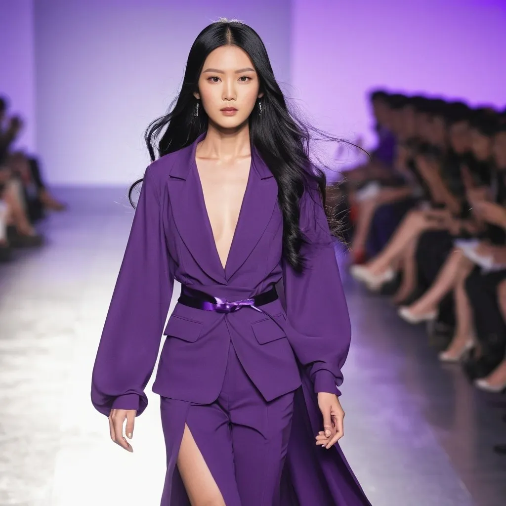 Prompt: A female asian model with flowing black hair walking a runway dressed in a Purple F1 inspired outfit