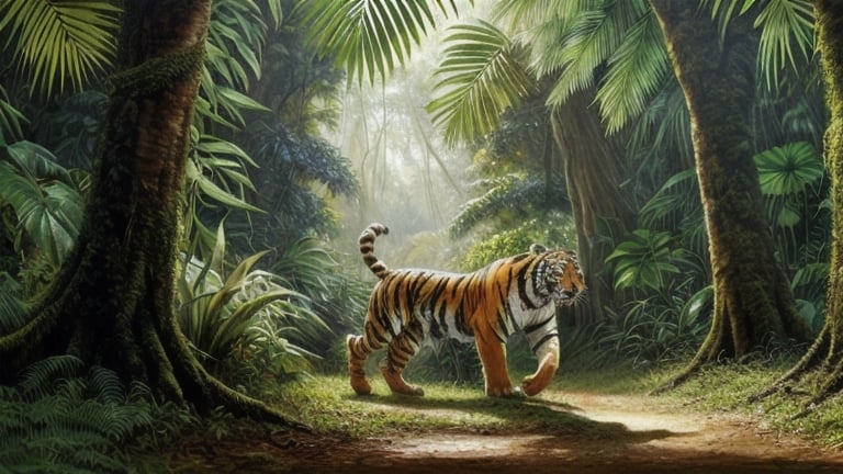 Prompt: Tiger walking through lush green forest, realistic oil painting, detailed jungle foliage, high quality, realistic, vibrant colors, lifelike, detailed fur, majestic, powerful stance, sunlight filtering through trees, rich, natural lighting