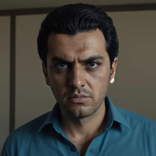 Prompt: a man with a black hair and a blue shirt is looking at the camera with a serious look on his face, Abdullah Gërguri, dau-al-set, vfx, a picture