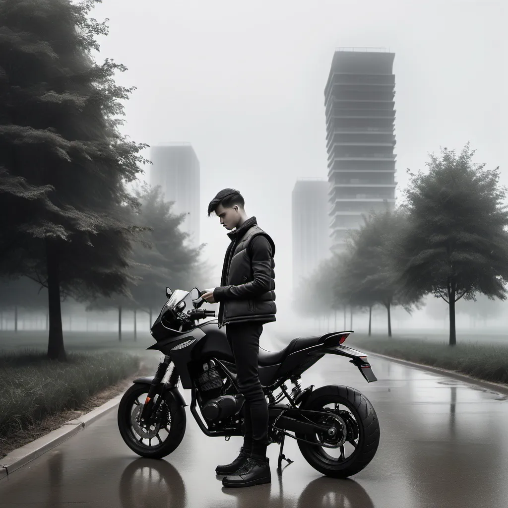 Prompt: A young man stands beside a sleek black motorcycle, engrossed in his smartphone, exuding a casual and contemplative vibe. He wears a dark, puffy vest and black pants that blend harmoniously with the muted, foggy landscape around him, where a few modern buildings fade into the background amid sparse greenery. The monochrome palette enhances the scene's somber yet reflective mood, capturing a moment that feels both personal and timeless. The composition is dynamic, with the motorcycle serving as a focal point while the man’s posture and gaze create a sense of introspection against the open, expansive environment.
