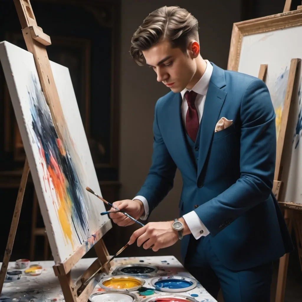 Prompt: A cinematic wide angle shot of a young wealthy man in a suit creating painting