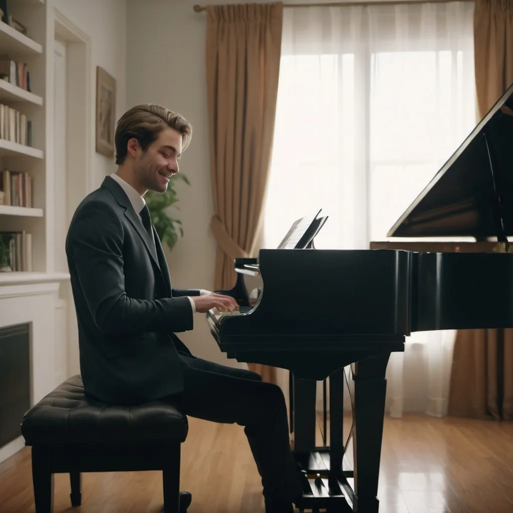 Prompt: a cinematic long shot of young rich adult artist in Suit playing piano at home in a happy mood