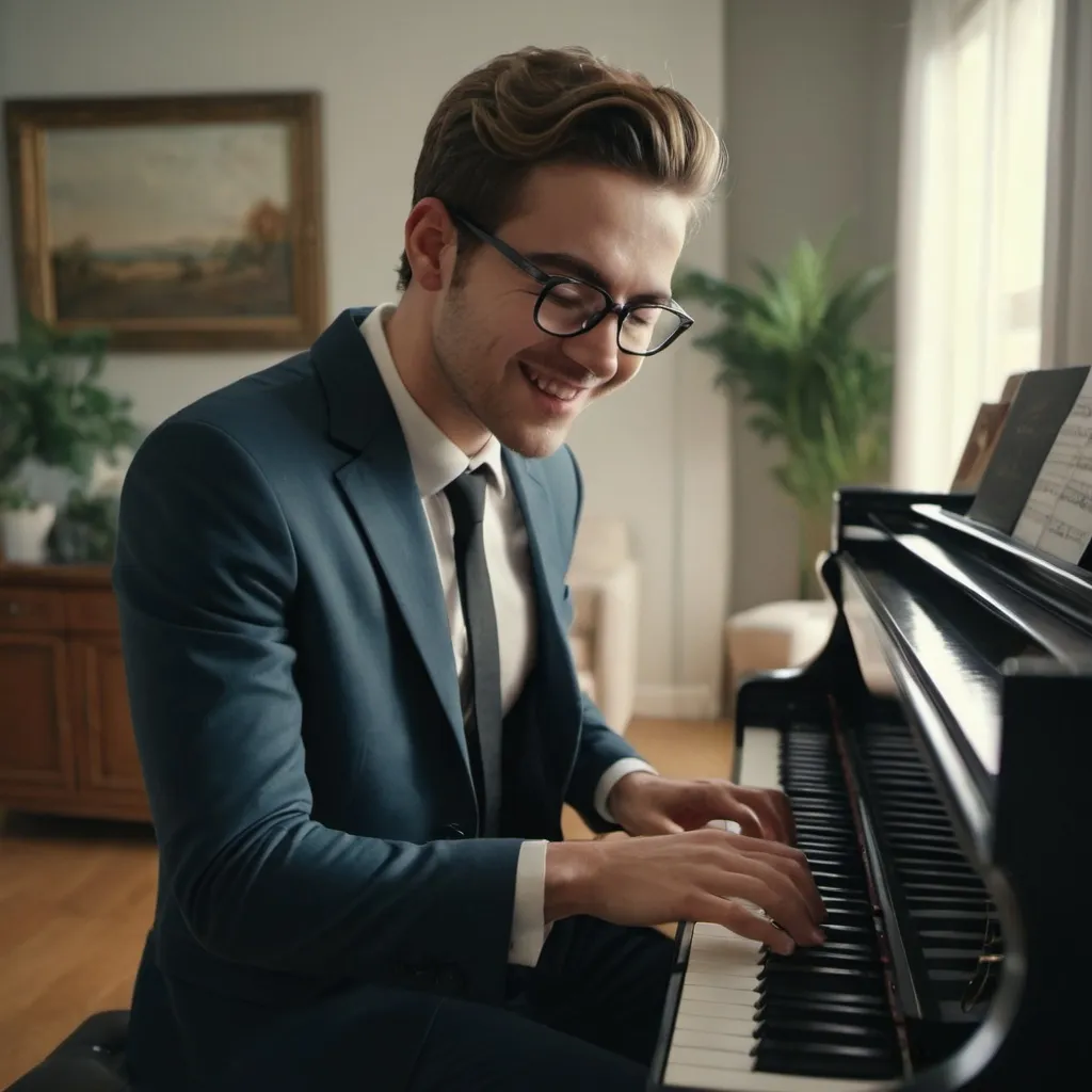 Prompt: a cinematic long shot of young rich adult artist in Suit playing piano at home in a happy mood