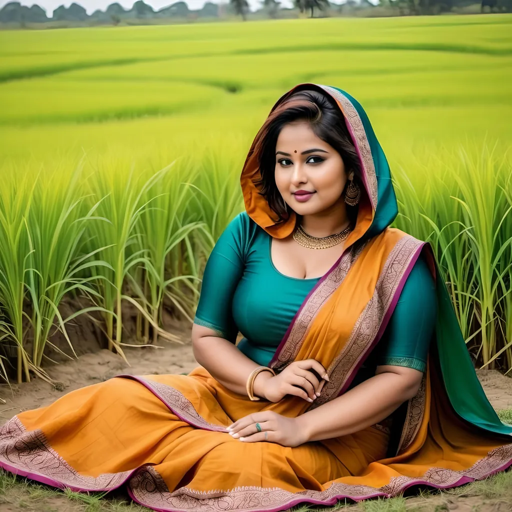 Prompt: An authentic photo of Bangladeshi beautiful plus size woman wearing Bangladeshi saree with hood, sitting on field