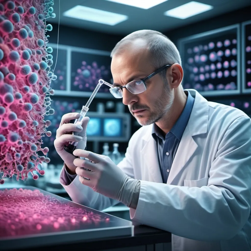 Prompt: a scientist looking at cancer cells 3d
