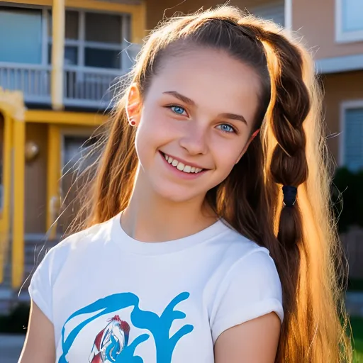 Prompt: Photograph of a beautiful young woman with long brown hair, which is braided into a ponytail. She has blue eyes and fair skin. She is wearing a white t-shirt, blue jeans and red sneakers. She is standing on the front lawn of a house that has yellow walls and blue windows. She has a wide smile on her face.
