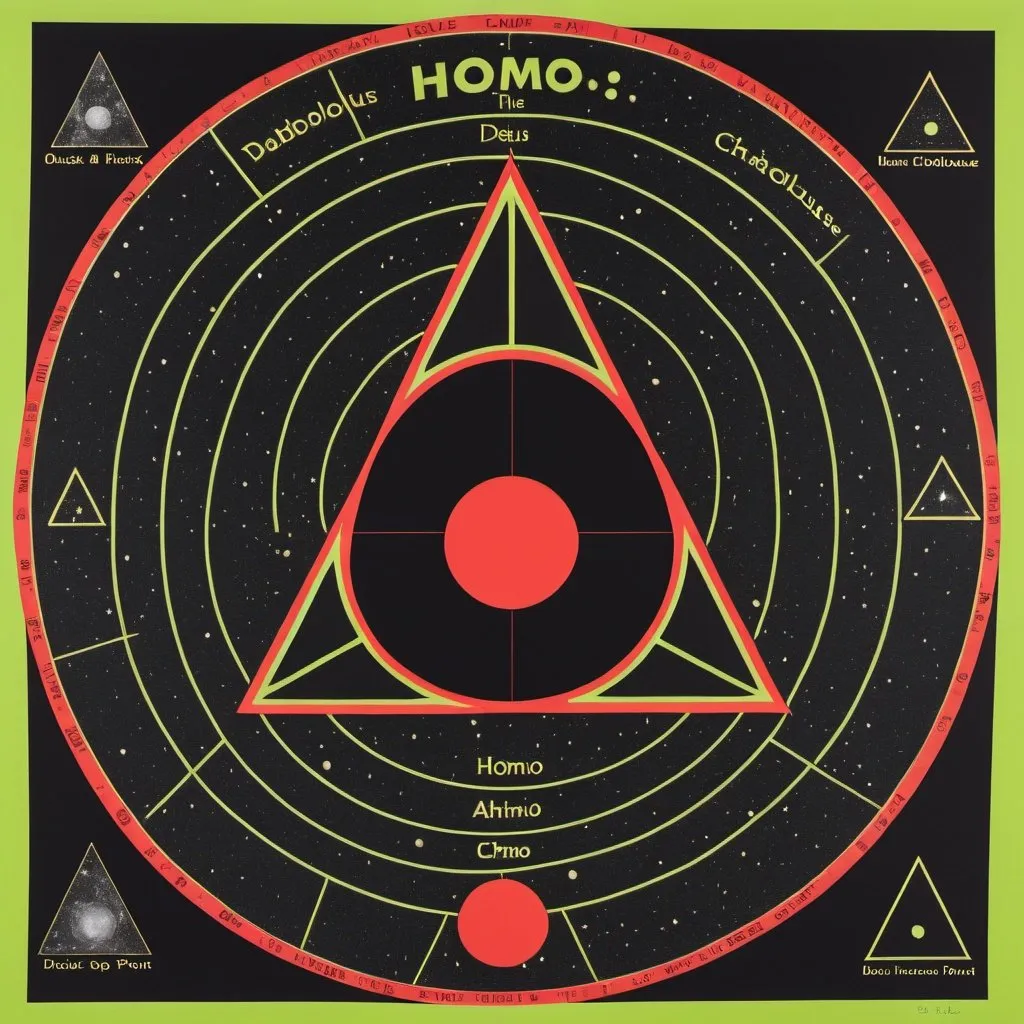 Prompt: Background: deep space; in the center: black triangle inscribed inside a red circle; triangle is outlined in gold; the circle is outlined by a chartreuse serpent; at each point of the triangle one word: top point: HOMO; lower left point DIABOLUS; lower right point: DEUS; in the center of the triangle one word in chartreuse: EST