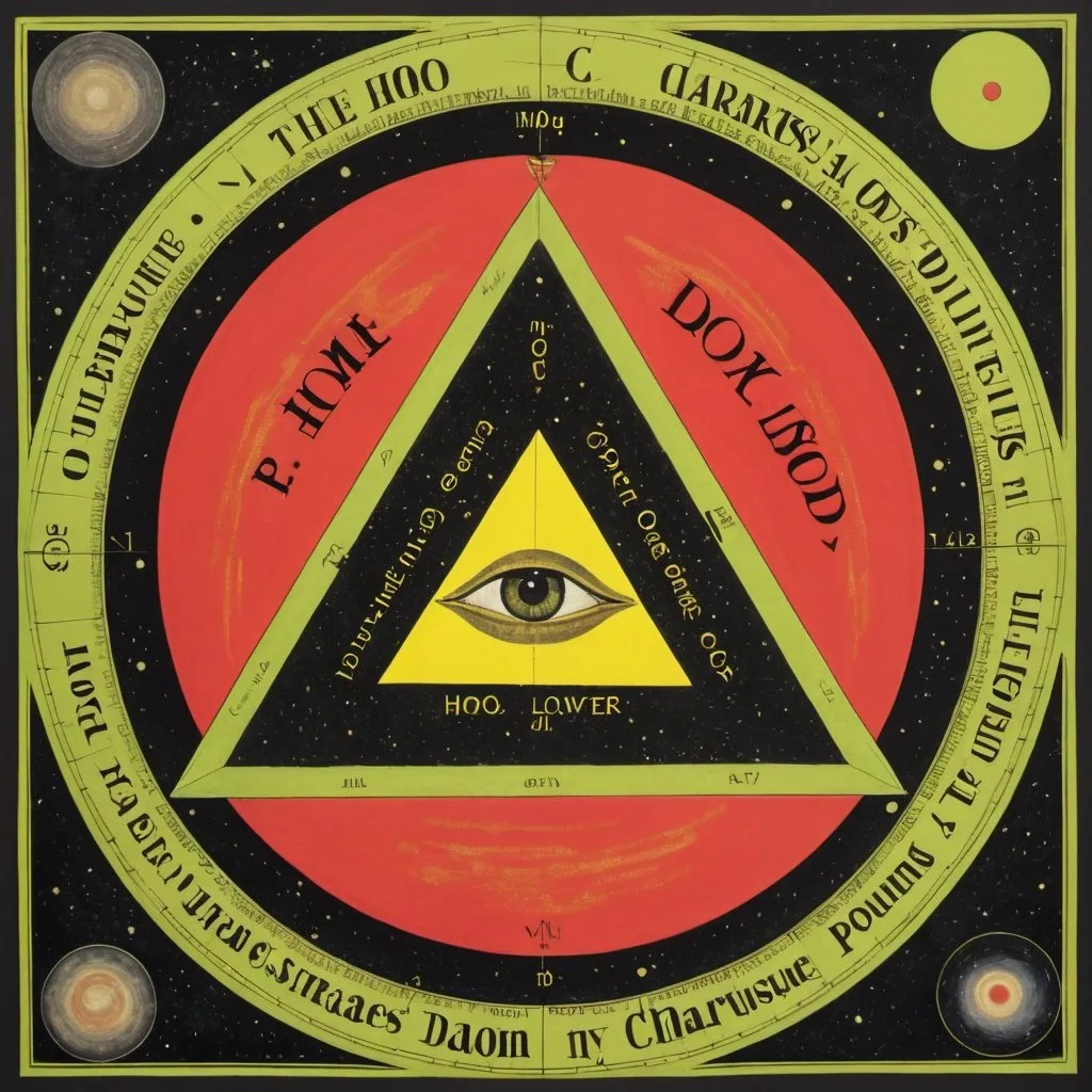 Prompt: Background: deep space; in the center: black triangle inscribed inside a red circle; triangle is outlined in gold; the circle is outlined by a chartreuse serpent; at each point of the triangle one word: top point: HOMO; lower left point DIABOLUS; lower right point: DEUS; in the center of the triangle one word in chartreuse: EST