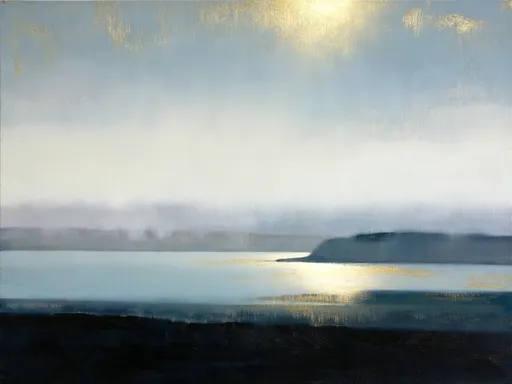 Prompt: Minimalist atmospheric abstract painting inspired by Sokquon Tran. Soft, layered horizon composition suggesting distant water and landforms, blurred and partially dissolved into mist. Muted palette of desaturated blues, cool greys, soft whites, and deep charcoal tones near the base. No sharp edges, all transitions are smooth and diffused. Subtle painterly texture with gentle brushwork and soft gradients. brushed gold accents diffused gently into the composition representing sunlight. Large areas of negative space. Calm, meditative, and introspective mood. Evokes fog, distance, and memory rather than realism. Fine art gallery aesthetic.