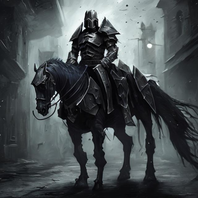 Prompt: A dark armored horseman