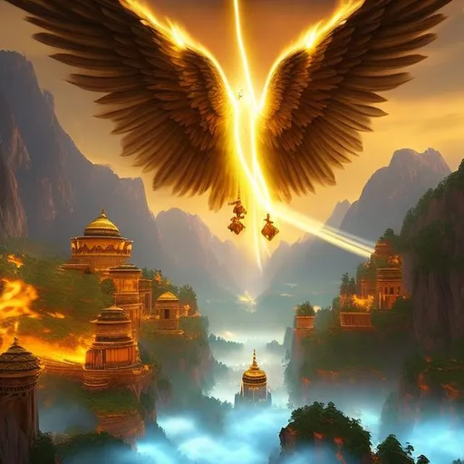 Prompt:  4 men priests, carry Arc of god into battle(1.9), Its a gold box rectangular carried on 2 long wood staves by 4 men. Top 2 winged lions with human faces Cherubim their wings arched upwards shoot bright blue  lightening bolts (1.5) at enemy army (1.5) in valley below Landscape photo 3D 