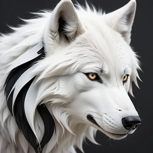 Prompt: A White Wolf with black lines on its nose and lower part of its head and a white and grey taill with white anime hair