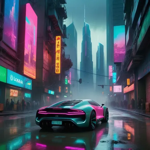 Prompt: Futuristic cityscape in cyberpunk style, neon lights, towering skyscrapers, flying cars, bustling streets.