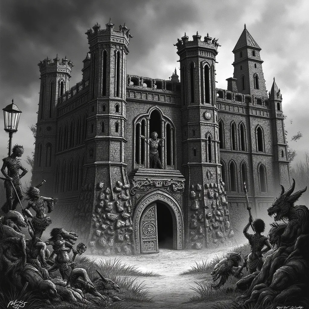 Prompt: (dilapidated palace), large structure with elaborate windows, towers at front corners, right front tower collapsed with a pile of rubble, double doors at center with an intricate bas relief on doors depicting armored warrior combating dragons, (statues of warrior women) with shields and spears flanking the doors, overgrown lawn overwhelmed by weeds, (dramatic atmospheric lighting), (moody and eerie ambiance), (highly detailed and realistic), (cinematic depth), (4K resolution).