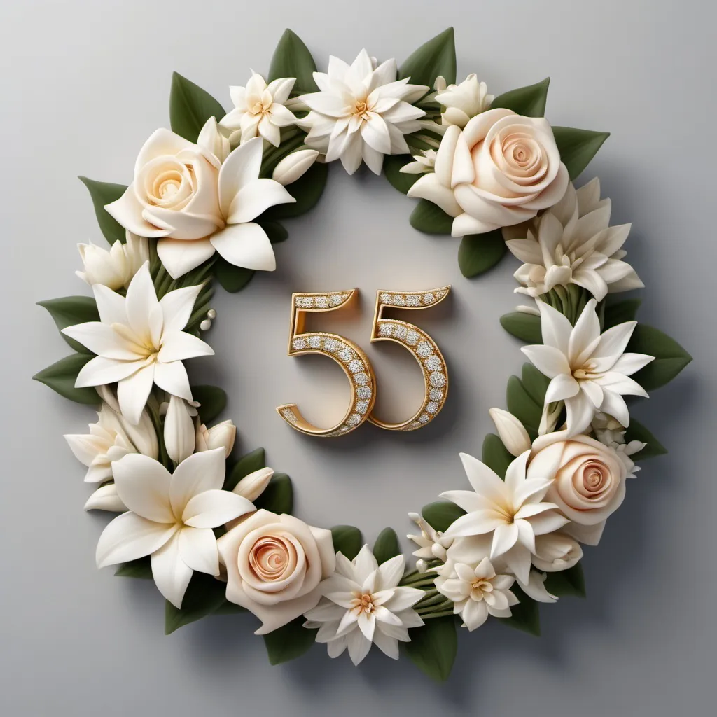 Prompt: The image should have a romantic atmosphere and colors.
A wedding ring should be included in the image.
The number "55" should be prominently displayed in the center with elegant decorations.
Tuberose flowers (Gol Maryam) should be placed in the corners of the image.