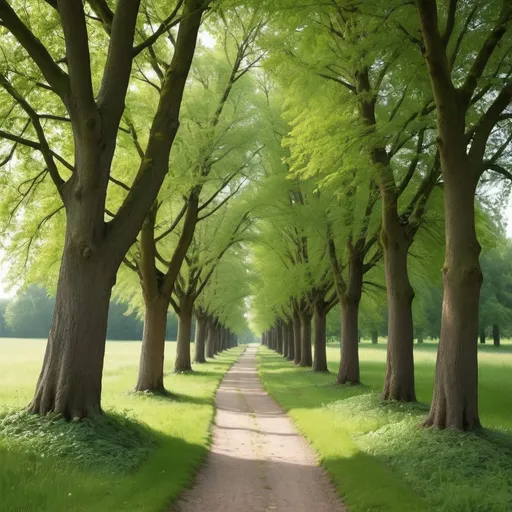 Prompt: Trees and a path, simple, peaceful, but full of philosophy, as if foretelling the path of life