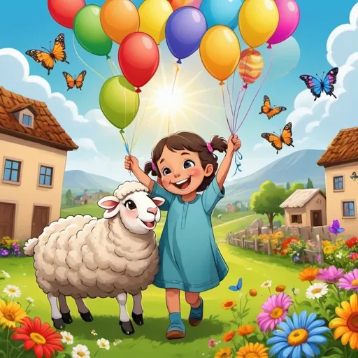 Prompt:  ,Eid and joy, children and colored balloons, sheep laughing and children laughing, bright sun, bright colors, sky with light clouds, colorful gardens, flowers and butterflies
A delightful cartoon scene