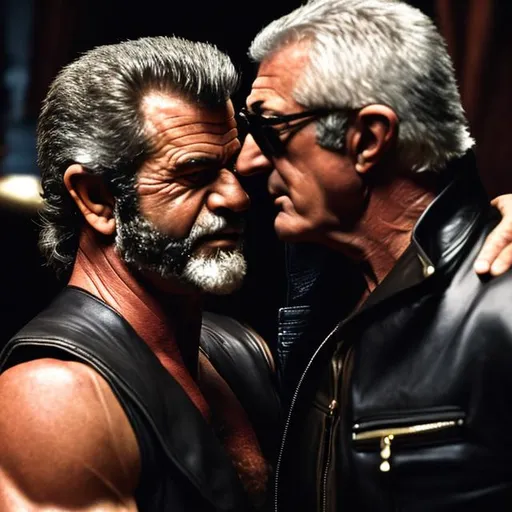 Prompt: muscled mel gibson and marcello lippi  smoking cigar with beard wearing black leathers jacket and black leathers tight pants embracing and  kissing face to face laying on the bed