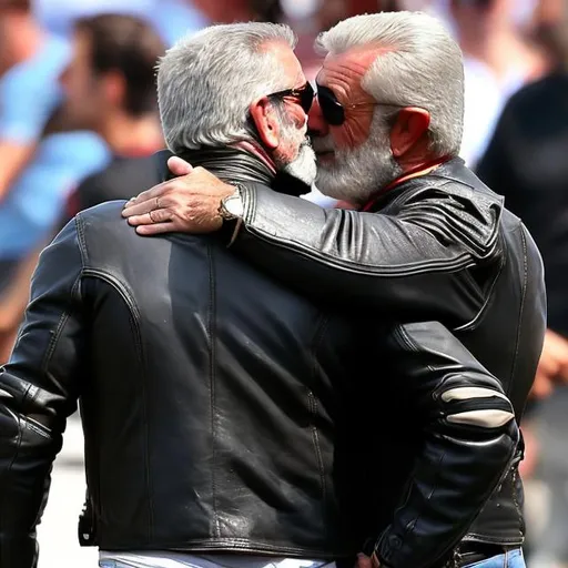 Prompt: muscled mel gibson and marcello lippi cigar smoking with beard wearing black leathers jacket and black leathers tight pants embracing and kissing face to face 